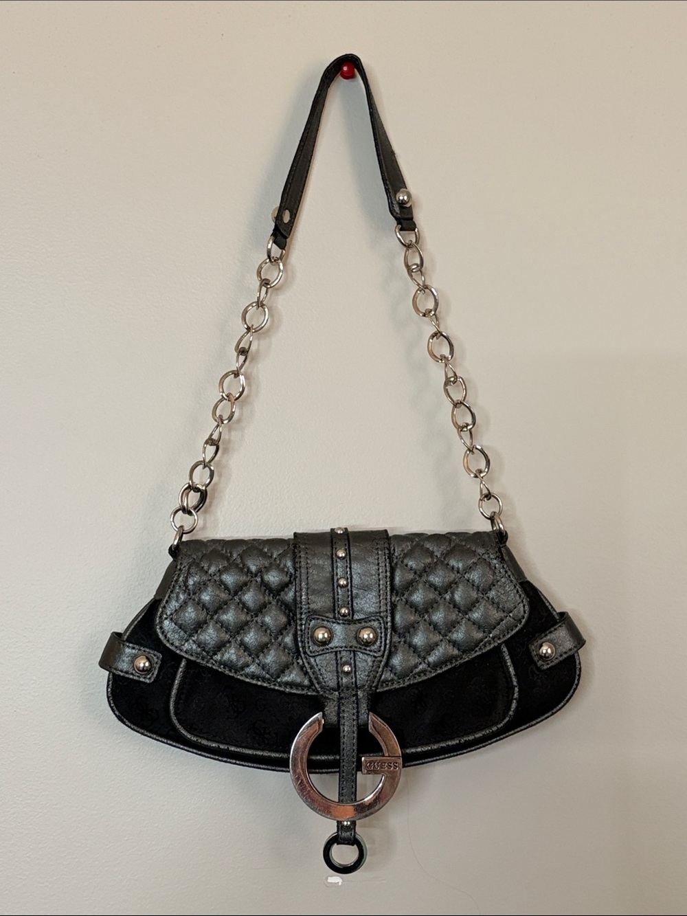 Guess Quilted Shoulder Bag with Silver Chain
